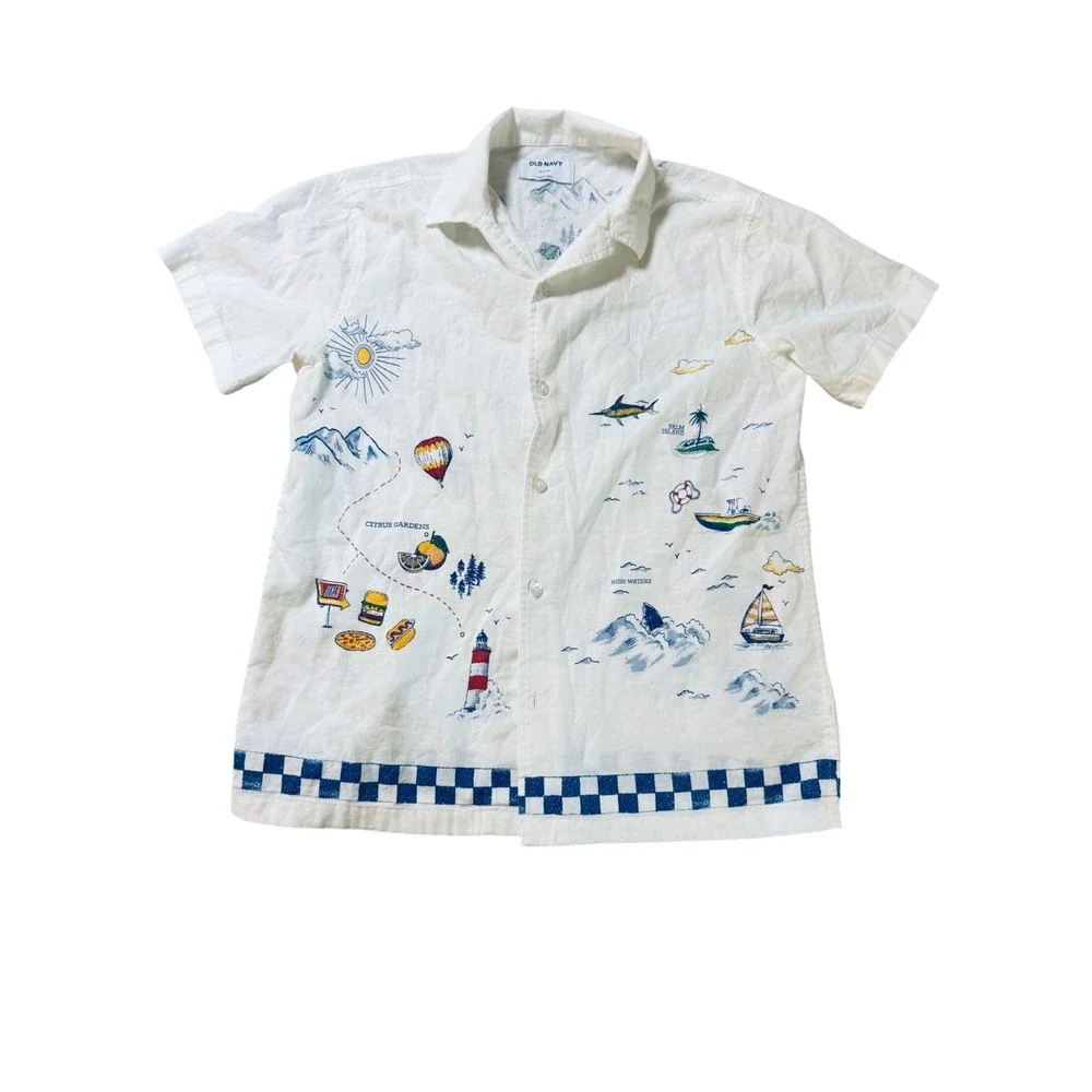 Old Navy Size XL Boy Printed Short-Sleeve Linen-Blend Buttom Up Shirt Travel